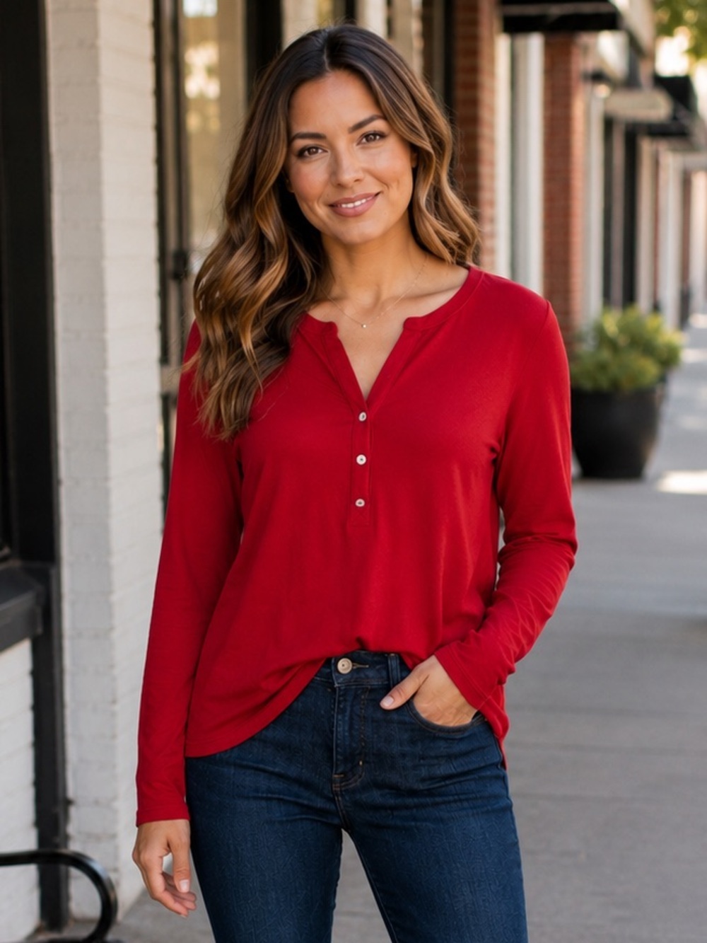 Lauren Ralph Lauren Red Henley Long Sleeve Top Petite Small PS